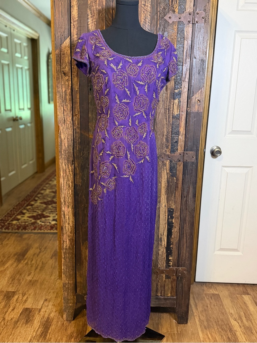 VTG Scala 100% Silk Beaded Maxi Gown PL Purple Gold Floral Rose Formal